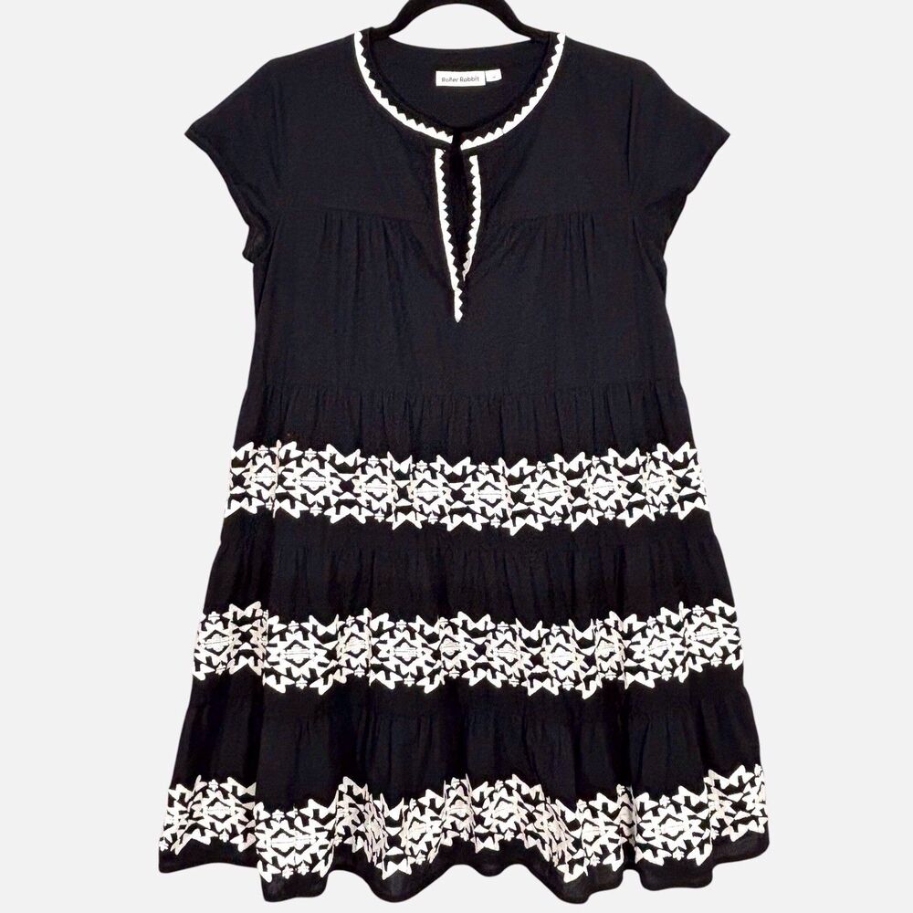 Roller Rabbit Embroidered Pamela Dress Womens XS Black White Tiered Boho Cottage